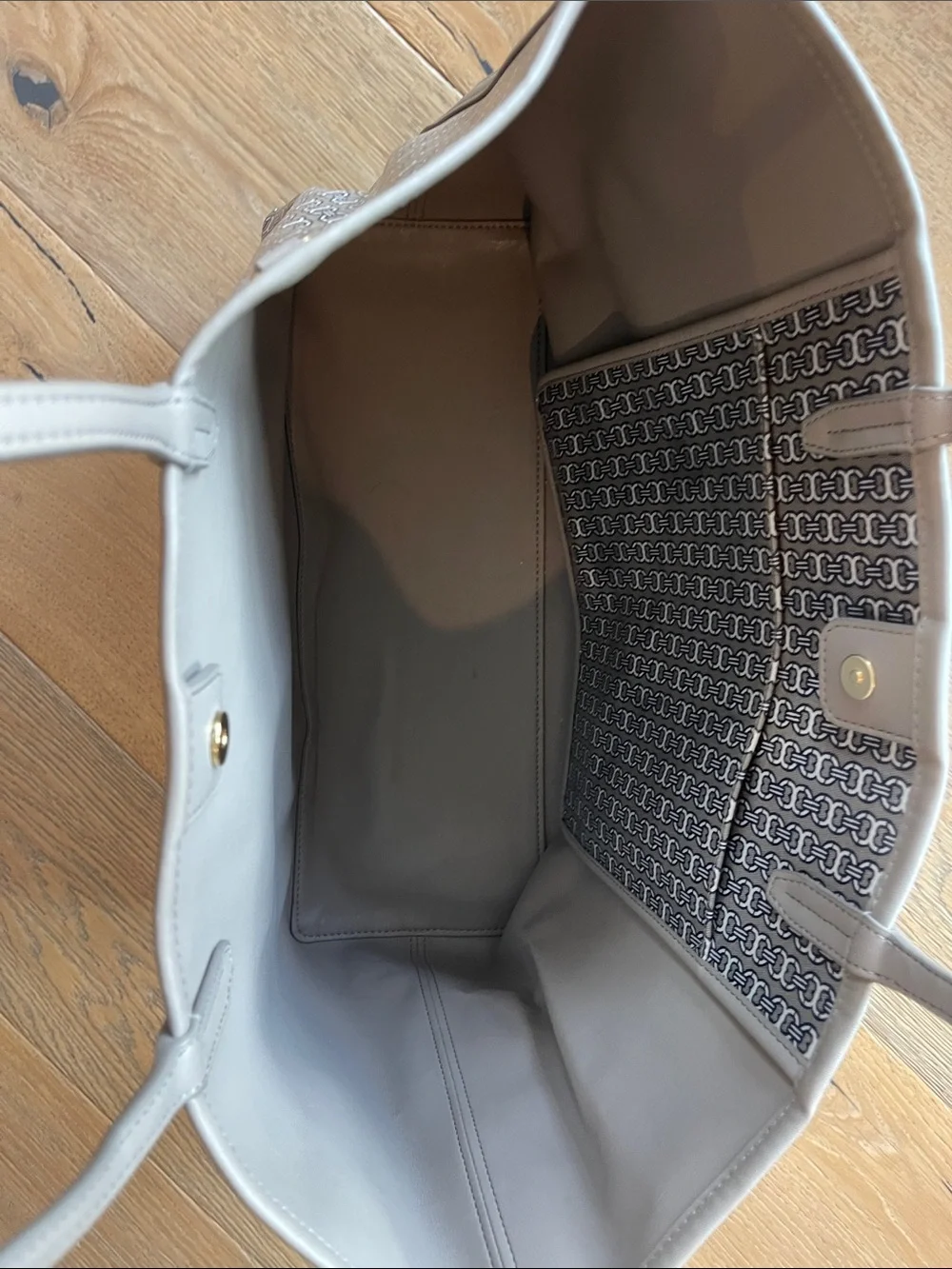 Tory Burch Navy and Gray Logo Stripe Tote with Center Stripe